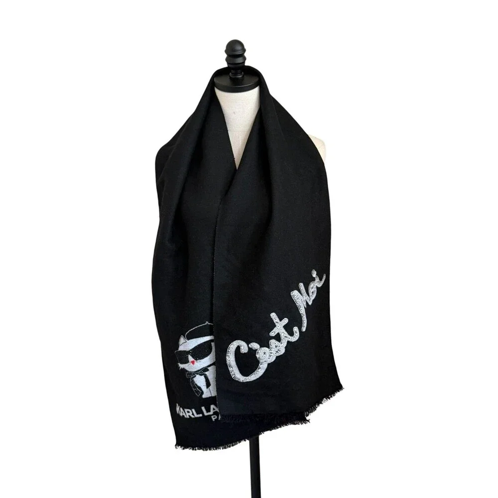 Karl Lagerfeld Paris Black Cat Moi Rhinestone Logo Fringe Scarf Wrap Shawl